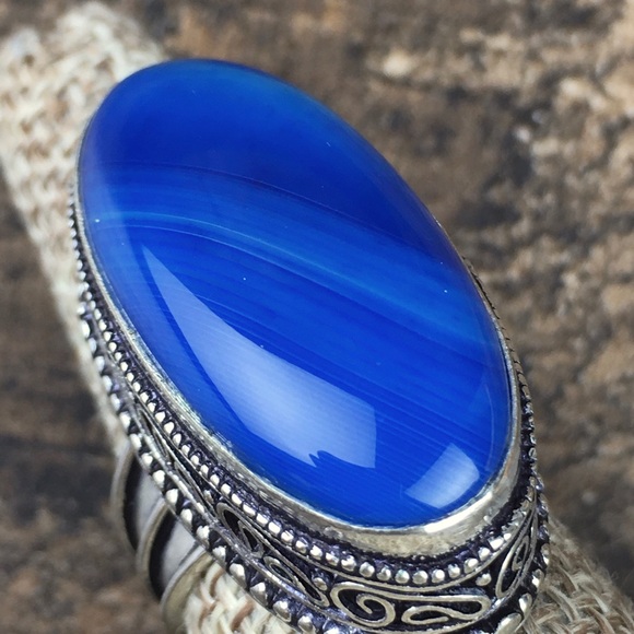 Blue Botswana Agate Stone Silver Overlay Ring Size 7.75 - Picture 6 of 12